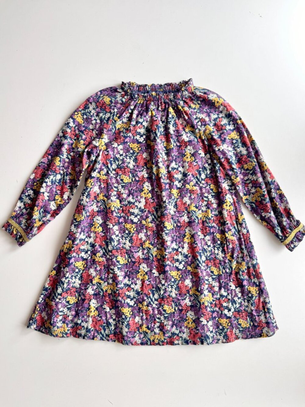 Girl's MINI BODEN Purple Floral Cotton Twill Smocked A-Line Dress, Size 6-7